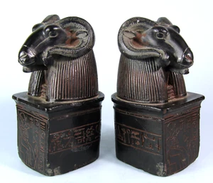 ANCIENT EGYPTIAN RAM HEAD BOOKENDS GOD AMUN VINTAGE MET MUSEUM OF ART REPLICA - Picture 1 of 9