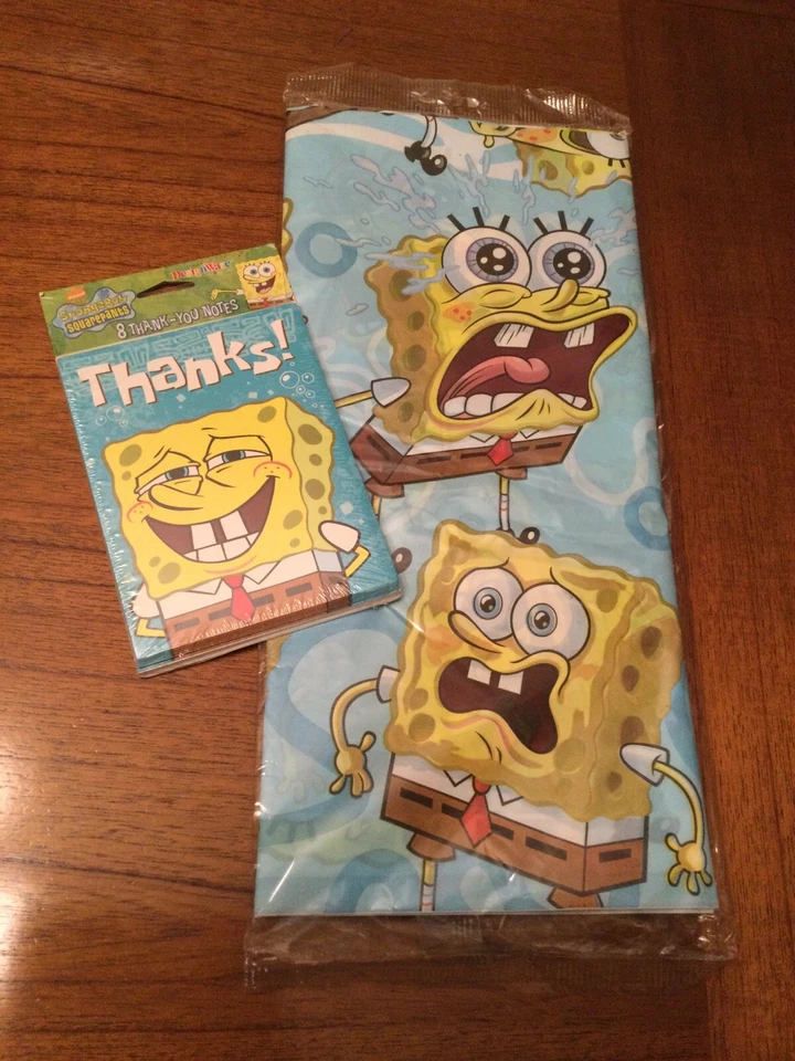 Spongebob Squarepants Party Supplies Plastic Table Cover Cloth & Thank You Notes - Image 1 of 2