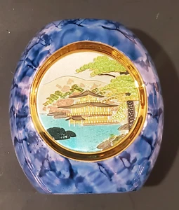 The Art of Chokin Vase 24K Gold Edged Japan Japanese Pagoda Mountain Water Trees - Picture 1 of 12