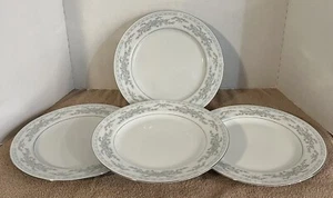 (4) Somerset Dinner Plates by Excel Blue Flower Band Blue Ribbons Platinum Trim - Picture 1 of 4