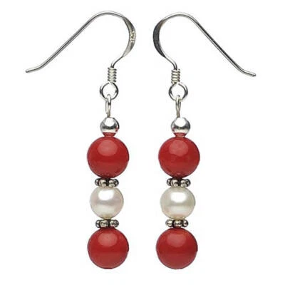 Orecchini Pendenti Di Corallo & Perle Acqua Dolce, 925 Argento, Rot-Weiß, Donna - Immagine 1 di 2