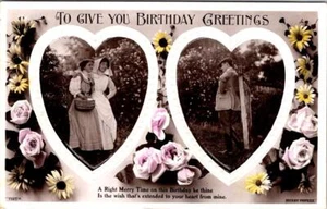 RPPC, Corazones~Flores CUMPLEAÑOS SALUDOS Mujeres~Hombre ca1920 Foto Rotaria Postal - Imagen 1 de 2