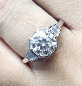 Octagon Shape Bezel Set Moissanite Ring Round Cut Wedding Vintage Ring Silver - Picture 1 of 14