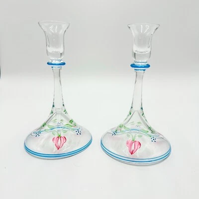 Orrefors Sweden Maja Handpainted Crystal Candlesticks Set of 2 - Image 1 of 4