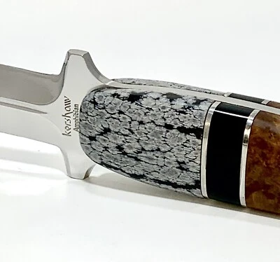 Vtg 1980's Kershaw 1006 Amphibian Boot Knife Custom Obsidian & Maple Burl Handle - Image 1 of 4