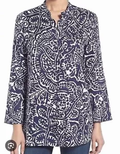 Camicia di lino NIC+ZOE costa marina donna M blu floreale manica a campana top boho costiero - Foto 1 di 11