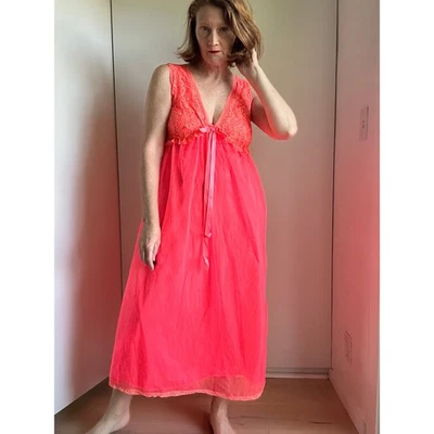Lencería Vintage Camisón Neón Coral Naranja Encaje Talla M/Calce Grande Brillante Foto 1 de 4