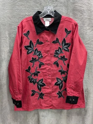 Camisa Western Snap Para Mujer Mediana Roja Negra Terciopelo Floral Apliques Cuentas Vacaciones Foto 1 de 4