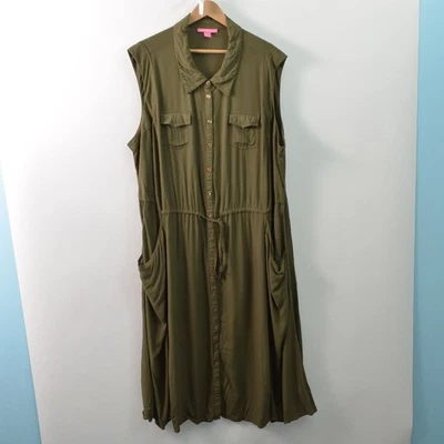 Woman Within Maxi Shirt Dress Womens 32W 3X Green Pockets Waist Tie Rayon - Image 1 of 4