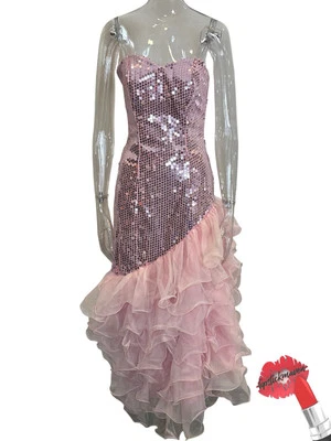 复古 80 年代舞会礼服女式 7 粉色亮片甜心领派对礼服童话 — 第 1/4 张图片