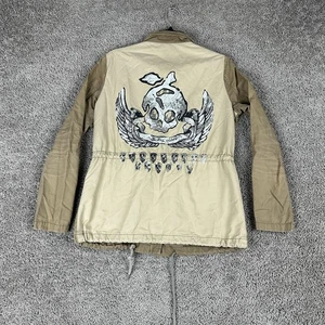 Jack & Jill Jacket Womens Small Khaki Military Field Anorak Back Skull Graphic - Picture 1 of 14