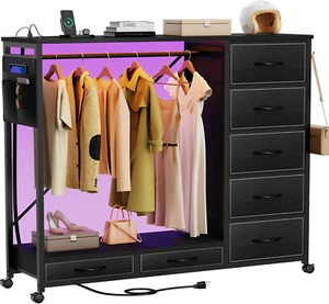 Dresser with Hanging Rack, Dresser for Bedroom with Led Lights and Charging Stat - Picture 1 of 8