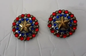 2 pc 1- 1/2" crystal bling bridle GOLD STAR BERRY concho set RED WHITE BLUE - Picture 1 of 1