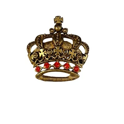 Vintage Crown Brooch Pin Gold Tone Red/Orange Rhinestones Maltese Cross - Image 1 of 4