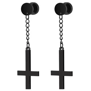 Men's Women Stainless Steel Inverted Cross Dangle Earrings Long Tassel Ear Studs - Picture 1 of 23