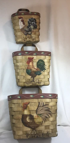 Woven Hanging Baskets Hand painted Roosters Reed straps Farmhouse 3 nestled Cover