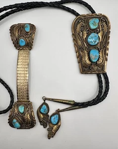 Brazalete grande navajo nativo americano bolo turquesa corbata y correa de reloj - B. NEZ - Imagen 1 de 12
