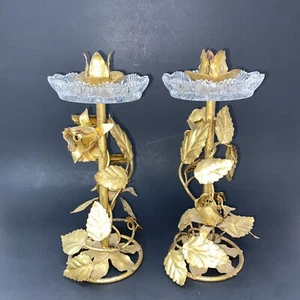 Italian Tole Handcrafted Ornate Gold Roses Candle Holders With Italy Tag - Picture 1 of 12