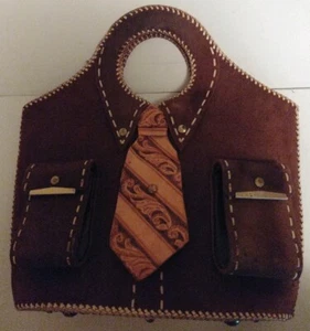 Vintage 70er Wildleder Leder Damen Handtasche ~ vorne verziert/sockel genäht sehr einzigartig - Bild 1 von 5