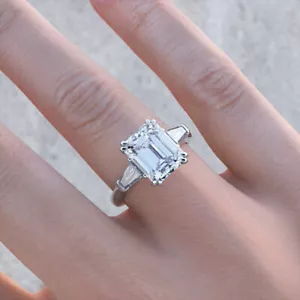 Lab Created Three Stone Engagement Ring 2.50ct Emerald Cut Diamond Silver VVS1/D - Picture 1 of 4