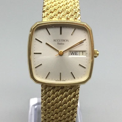 Reloj Accutron Vintage Hombre 31mm Tono Dorado Día Fecha Malla Pulsera Batería Nueva Foto 1 de 4