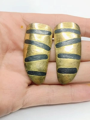 Vintage Carolyn Morris Bach Brass & Enamel Earrings 14k Gold Posts - Image 1 of 4