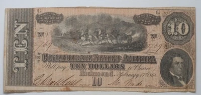Billete de 10 dólares CSA de 1864 de los Estados Confederados de América/N7 Foto 1 de 2