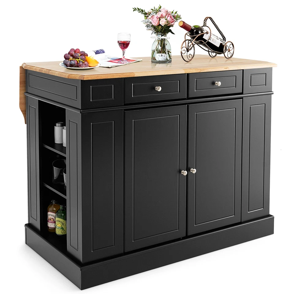 Kitchen Island with Storage and 3-Level Adjustable Shelves-Black - Color Black