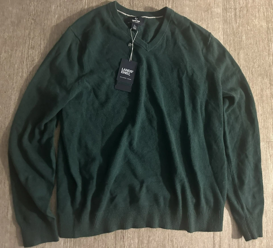 Land's End Cashmere Knit Sweater Men's size XL (42-44) Dark Green V-Neck  NWT - Image 1 of 1
