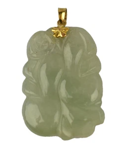 VINTAGE 14K GELBGOLD GESCHNITZTE JADE ANHÄNGER MIT GOLD BLUMEN KAUTION - Bild 1 von 5