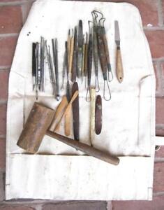 Vintage Sculpting Tool Lot Canvas case Wooden Mallet 28 pieces Memphis Artist
