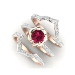 Elegant 18K Rose Gold Ruby Floral Ring Set Women Wedding Flower Fine Jewelry