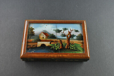 Antikes Holzkästchen Mit Miniatur Hinter Glas, Innen Schere, Biedermeier Um 1840 • 88€
