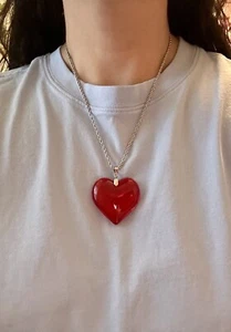 Big Large 3D Crystal Glass Red Heart Charm Pendant On Stainless Steel Chain New - Picture 1 of 15