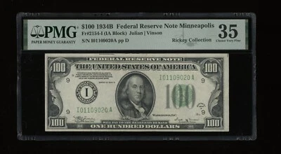DBR 1934-B $100 Minneapolis Vinson Fr. 2154-I PMG 35 Serial I01109020A - Image 1 of 2