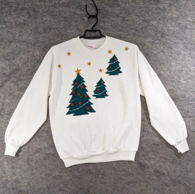 Vintage Sunbelt Sweatshirt Women Large White Christmas Trees Rhinestones Stars - Image 1 of 4