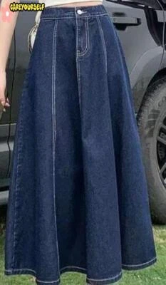 Womens Elastic High Waist A Line Denim Long Skirt Fashion Casual Jeans Dress - Image 1 of 4