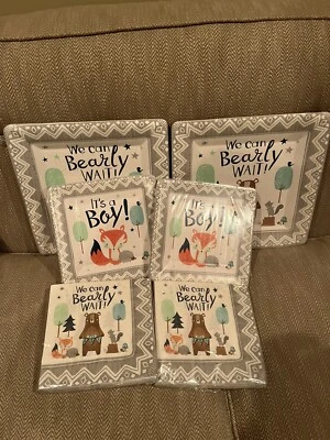 BABY SHOWER Bear-ly Wait 2Napkins, 2 LARGE & 2 small PAPER PLATES Party Supplies - Image 1 of 4