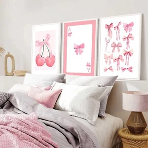 3Pcs Trendy Pink Bows Wall Art Preppy Watercolor Bows Canvas Posters Prints Girl - Picture 1 of 8