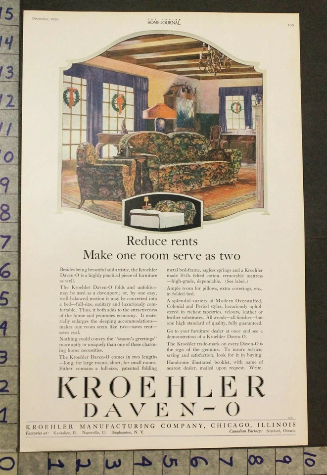 1920 KROEHLER DAVENPORT SOFABED COUCH CHRISTMAS FURNITURE HOME DECOR AD [[SKU] - Image 1 of 1
