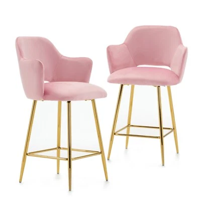 Cadeira de jantar Ivinta veludo para jantar, conjunto de 2 cadeiras de bar rosa com perna dourada - Imagem 1 de 3