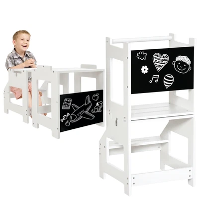 HOMCOM Scala Montessori 2 in 1 Bambini 3-6 Anni con Lavagna e Sgabello Bianco - Immagine 1 di 4