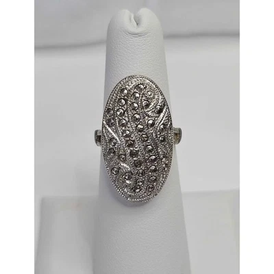 Anillo vintage de marcasita de plata de ley THEDA de 1" de alto con diseño de remolino talla 6 Foto 1 de 4
