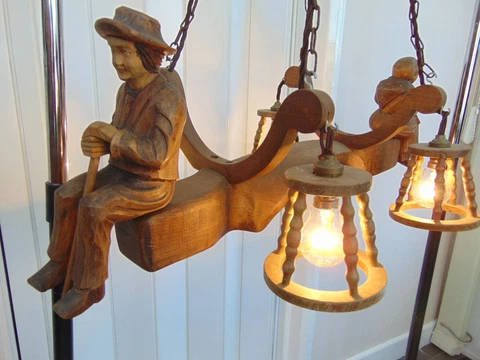 Rustic French Folk Art carved wood ceiling light chandelier Anri  Breton Cover