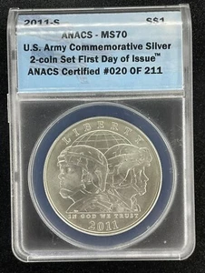 2011-S US Army Commemorative Silver Dollar MS70 ANACS 1st Day of Issue Veterans - Picture 1 of 2