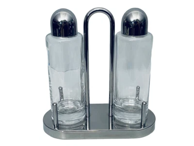 Juego de galletas dispensadoras de aceite y vinagre cromado vidrio Alessi Inox 18/10 hecho en Italia Foto 1 de 4
