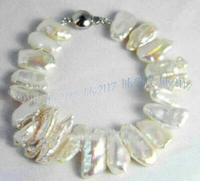Brazalete de perlas Biwa barrocas de agua dulce blancas naturales genuinas de 8x15 mm raro 7,5 pulgadas Foto 1 de 4