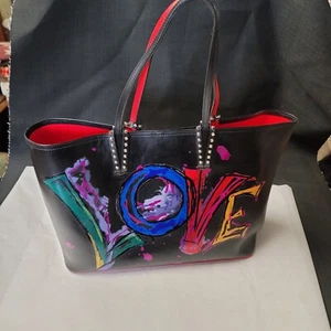 CHRISTIAN LOUBOUTIN Kabata LOVE Graffiti Tote Bag Women Leather Black Bag - Picture 1 of 24