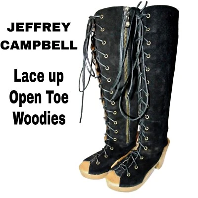 Botas Woodies by Jeffrey Campbell Talla 8 Altas Negras Gamuza Con Cordones Punta abierta con Cremallera Foto 1 de 4