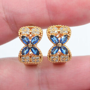 18K Yellow Gold Filled Blue Mystic Topaz Bowknot Hoop Huggie Earrings Jewelry
